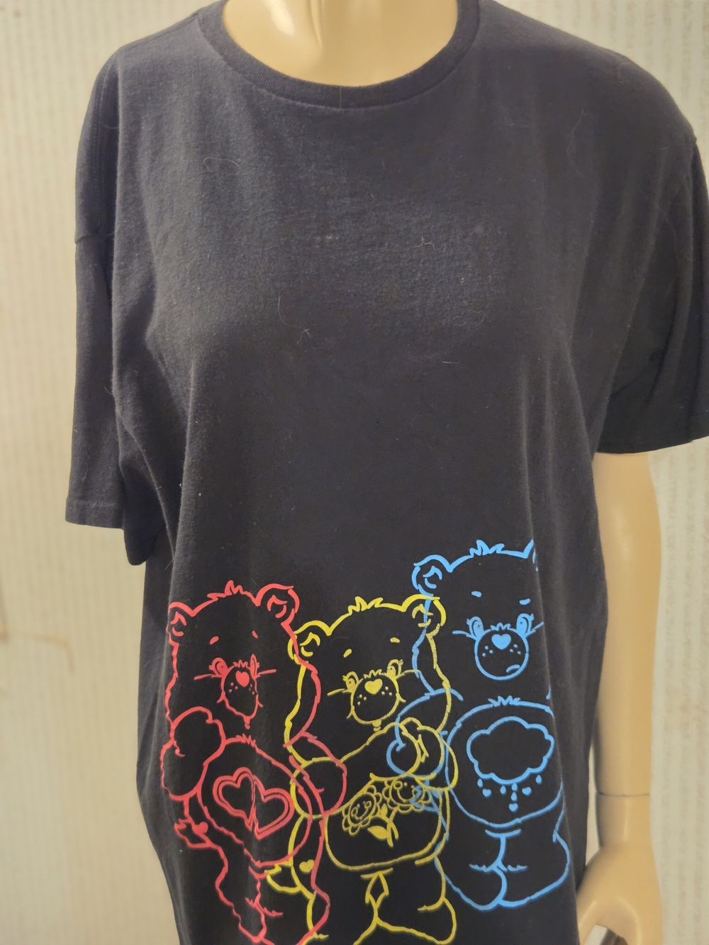 Care Bears Black Tee with Red, Yellow & Blue Neon Bear Print